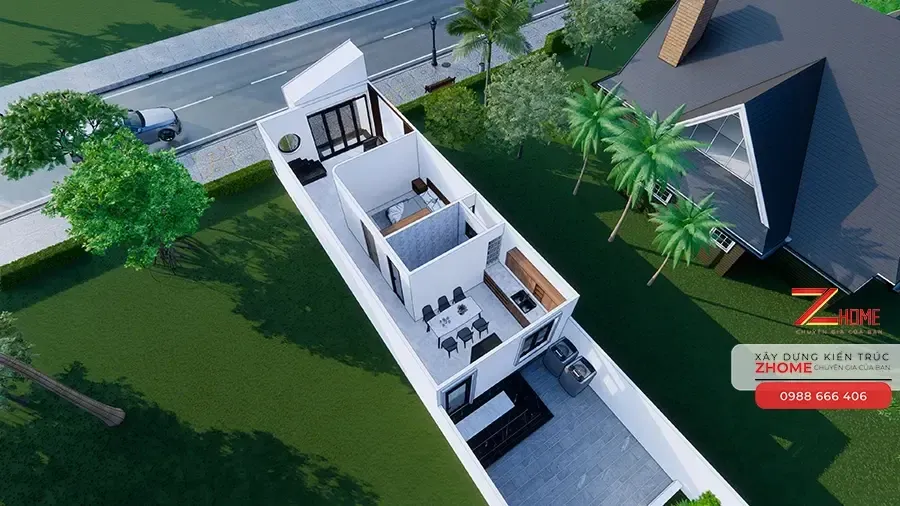 Khoảng sân sau rộng rãi của ngôi nhà - thiết kế nhà gác lửng 3 phòng ngủ