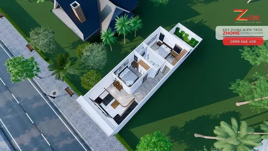 Hình ảnh 3D bố trí công năng tầng lửng nhà gác lửng 3 phòng ngủ