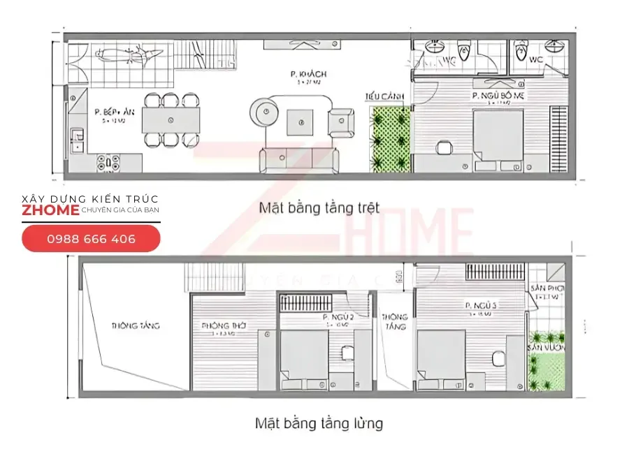 Mẫu 1 – Gợi ý bố trí công năng nhà gác lửng 3 phòng ngủ