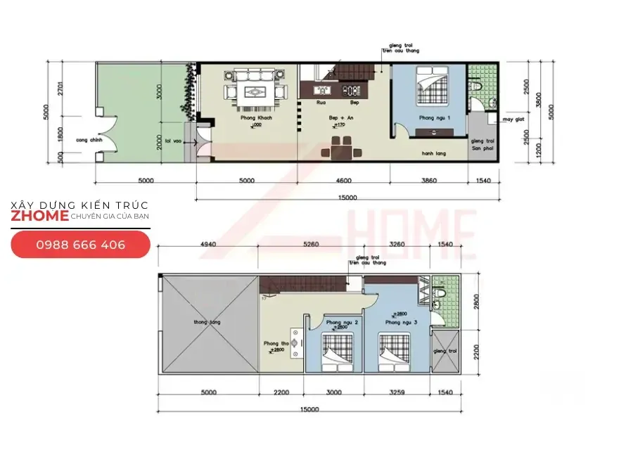 Mẫu 2 – Gợi ý bố trí công năng nhà gác lửng 3 phòng ngủ