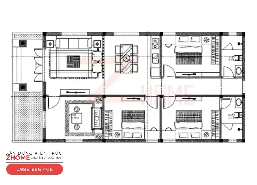 Mẫu 3 – Gợi ý bố trí công năng nhà gác lửng 3 phòng ngủ