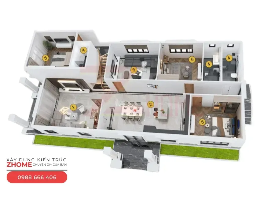 Mẫu 4 – Gợi ý bố trí công năng nhà gác lửng 3 phòng ngủ