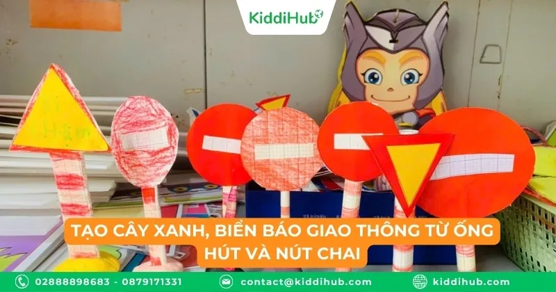Tạo cây xanh, biển báo giao thông từ ống hút và nút chai
