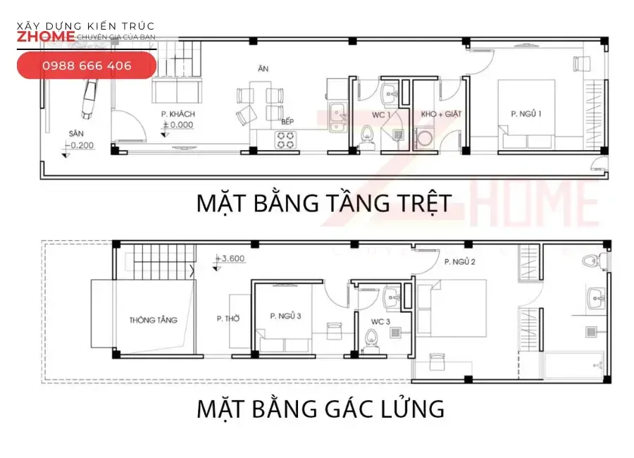 Mẫu 6 – Gợi ý bố trí công năng nhà gác lửng 3 phòng ngủ