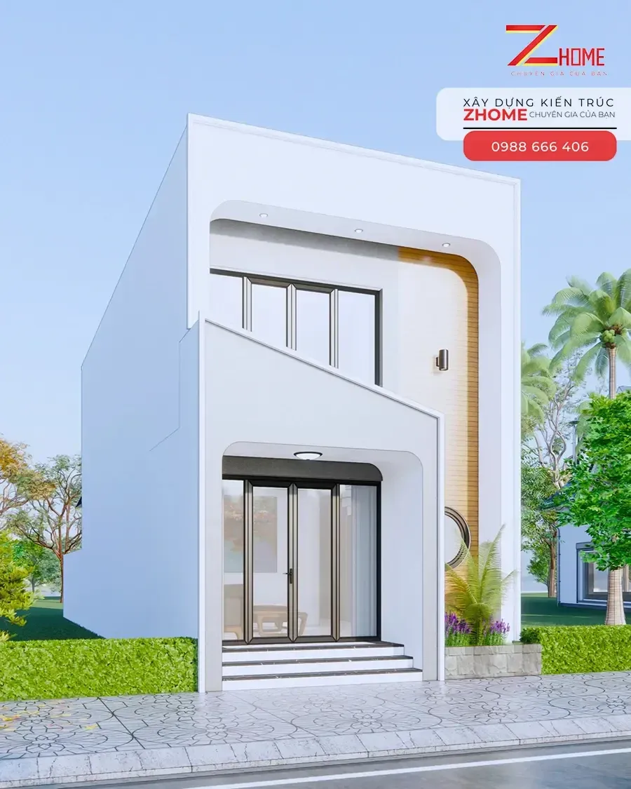 Điểm nhấn đầu tiên là 2 khung cửa kính lớn - nhà gác lửng 3 phòng ngủ