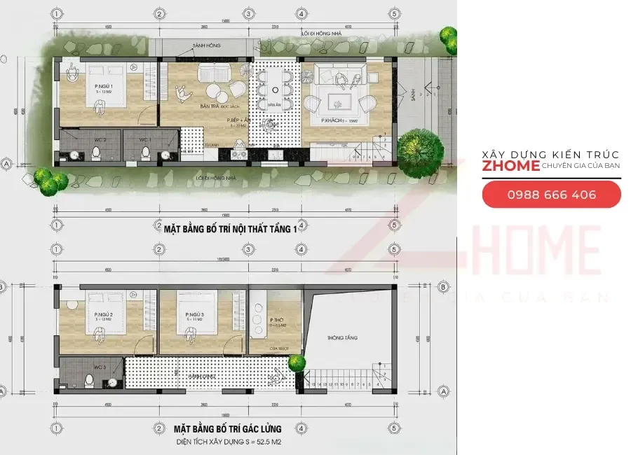 Mẫu 7 – Gợi ý bố trí công năng nhà gác lửng 3 phòng ngủ