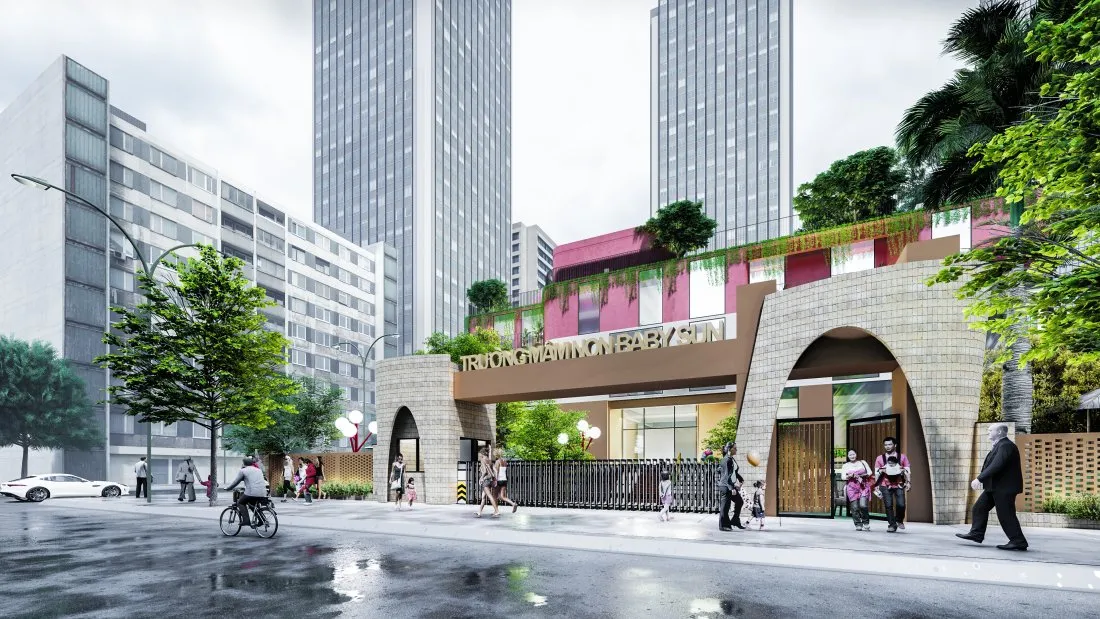 Cổng trường mầm non thiết kế dạng trượt ngang giúp tối ưu diện tích mặt tiền