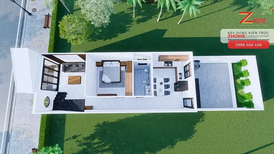 Hình ảnh 3D bố trí công năng tầng trệt nhà gác lửng 3 phòng ngủ