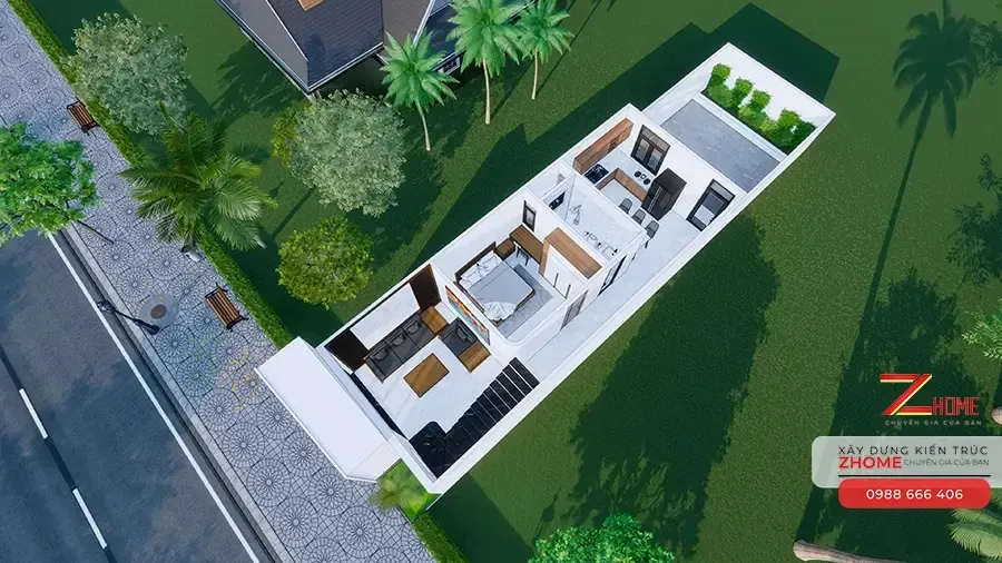 Tầng trệt đầy đủ công năng tiện nghi - thiết kế nhà gác lửng 3 phòng ngủ