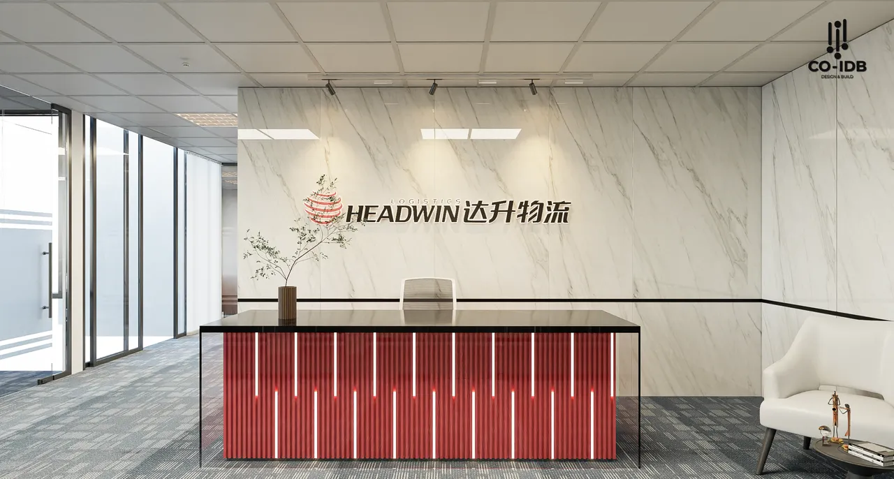 Quầy lễ tân Headwin tạo dấu ấn thương hiệu với logo đỏ
