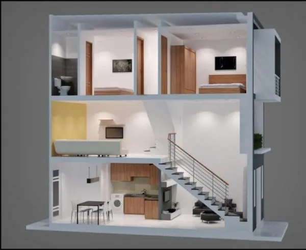 Dễ dàng nhìn thấy khoảng không của tầng lửng làm cho tầng trệt thoáng hơn rất nhiều