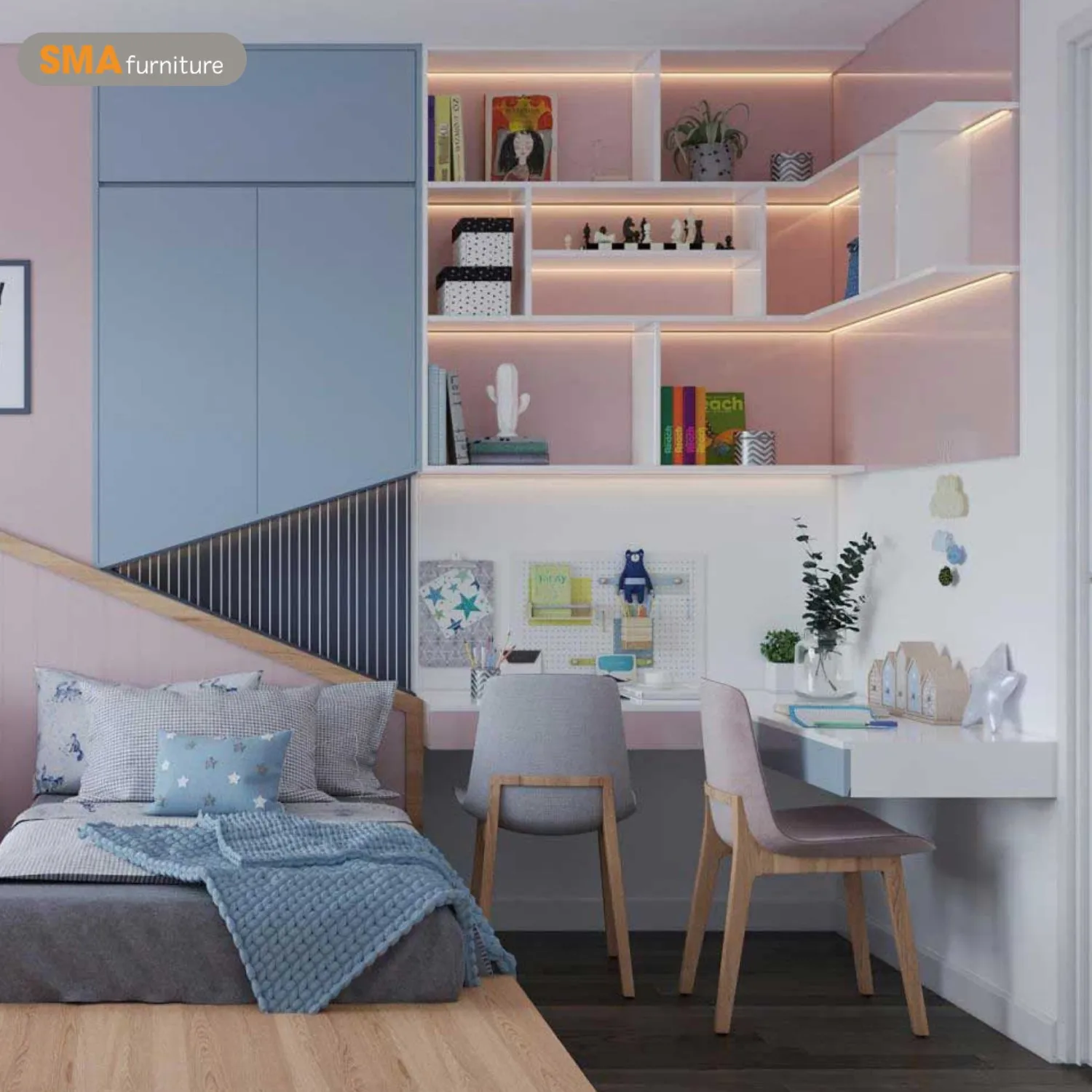 Mẫu bàn học sinh đôi vẫn đáp ứng không gian học tập thoải mái cho hai bé