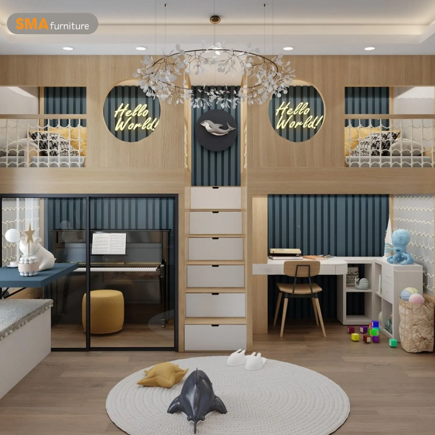 Mẫu bàn đôi học sinh cho bé trai tone xanh dịu mắt