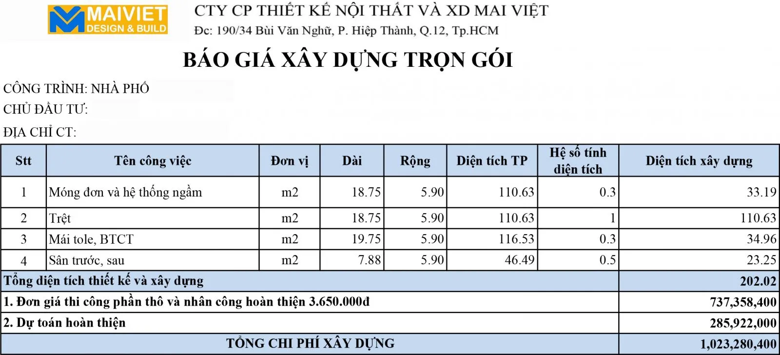 Bảng dự toán chi tiết kiến trúc