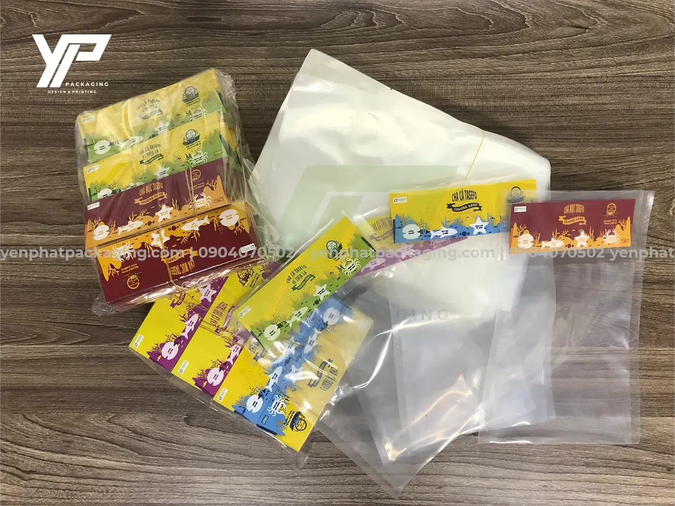 Trọn bộ bao bì chả cá thương hiệu Tasefo bằng túi PA rider hút chân không