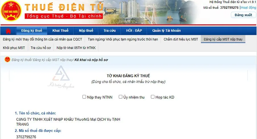 Lựa chọn dịch vụ công đăng ký mã số thuế nhà thầu