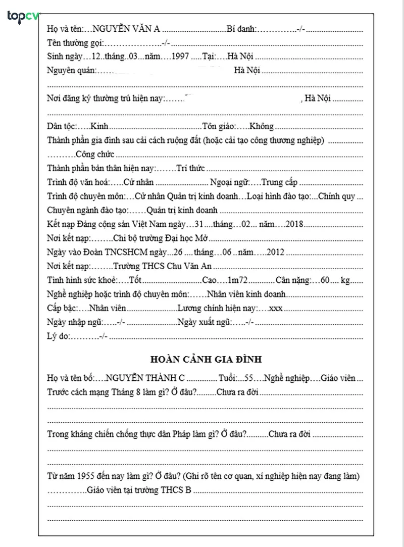 HÆ°á»›ng dáº«n viáº¿t sÆ¡ yáº¿u lÃ½ lá»‹ch cÃ¡c má»¥c vá» thÃ´ng tin cÃ¡ nhÃ¢n, trÃ¬nh Ä‘á»™ há» vÄƒn