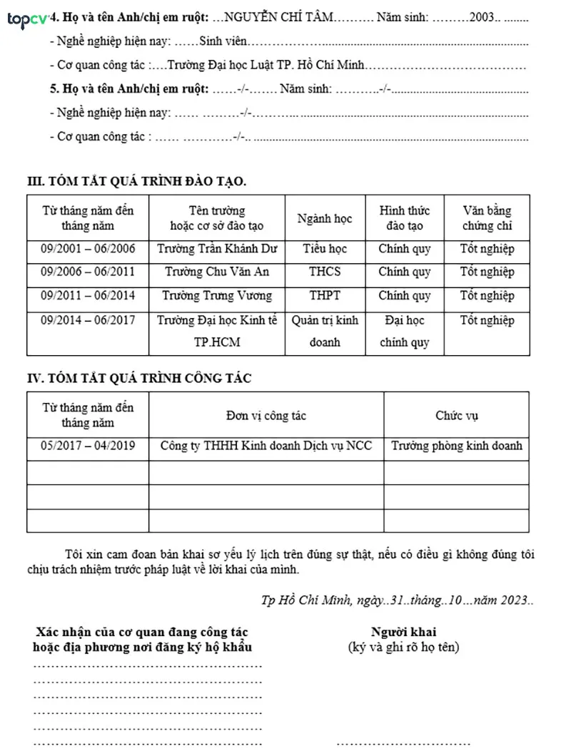 Máº«u sÆ¡ yáº¿u lÃ½ lá»‹ch tá»± thuáº­t cáº§n Ä‘iá»n thÃªm thÃ´ng tin vá» quÃ¡ trÃ¬nh há» cáº£p