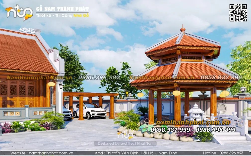 Chòi lục giác bê tông mái ngói 2 tầng