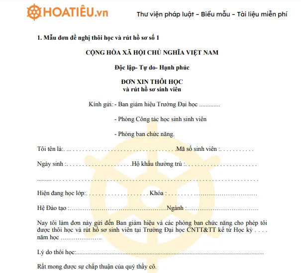 Đơn đề nghị thôi học và rút hồ sơ