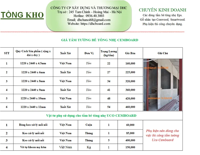 Báo giá tổng kho tấm xi măng Cemboard và bê tông nhẹ ALC 2026.