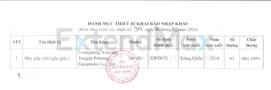 mẫu giấy phép nhập khẩu máy gấp sách