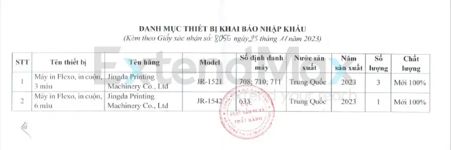 mẫu giấy phép nhập khẩu máy in flexo