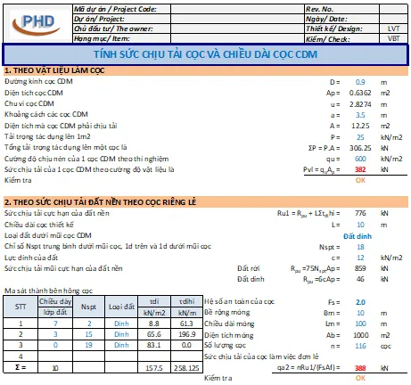 Bảng tính Excel hỗ trợ các kỹ sư xác định nhanh chóng các thông số kỹ thuật của cọc xi măng đất