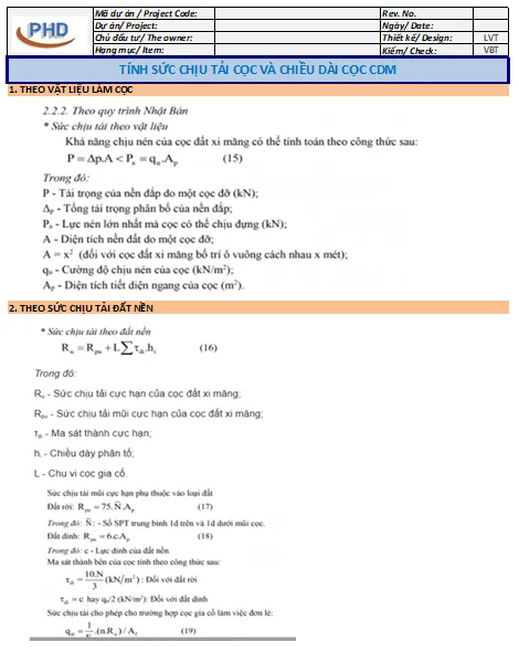 Sơ đồ chi tiết và các thông số cần thiết để tính toán sức chịu tải của hệ thống cọc CDM