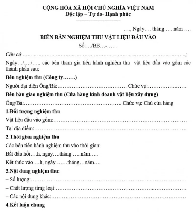 Bố cục của biên bản nghiệm thu vật liệu đầu vào