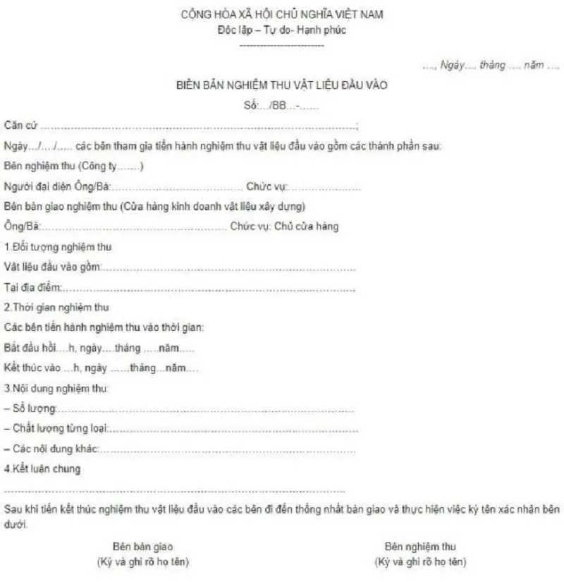 Tham khảo và tải ngay các mẫu biên bản nghiệm thu vật liệu đầu vào