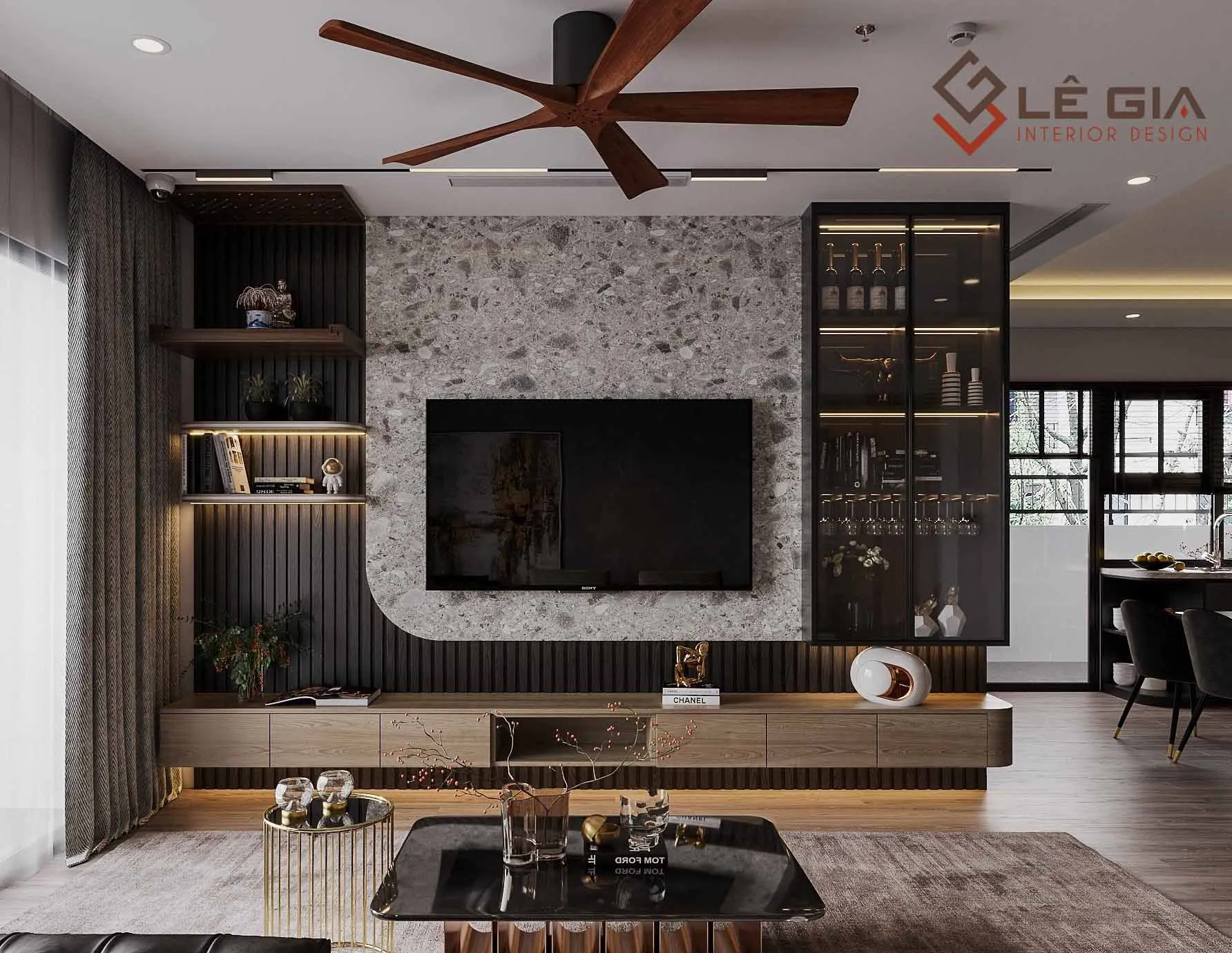 Sự kết hợp vật liệu trong kệ tivi hiện đại