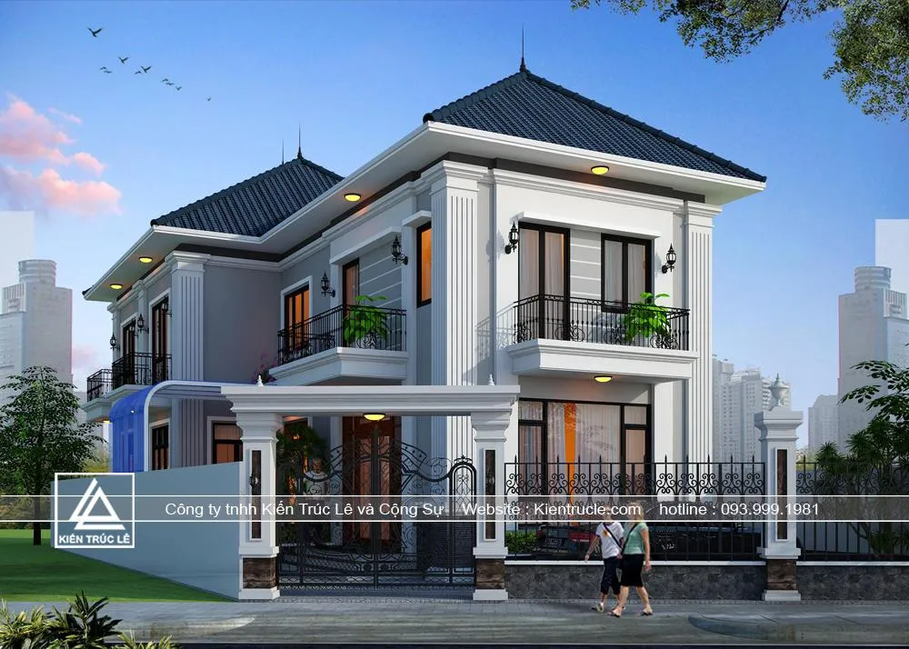 Mẫu nhà 2 tầng 2 mặt tiền mái thái đẹp 2020