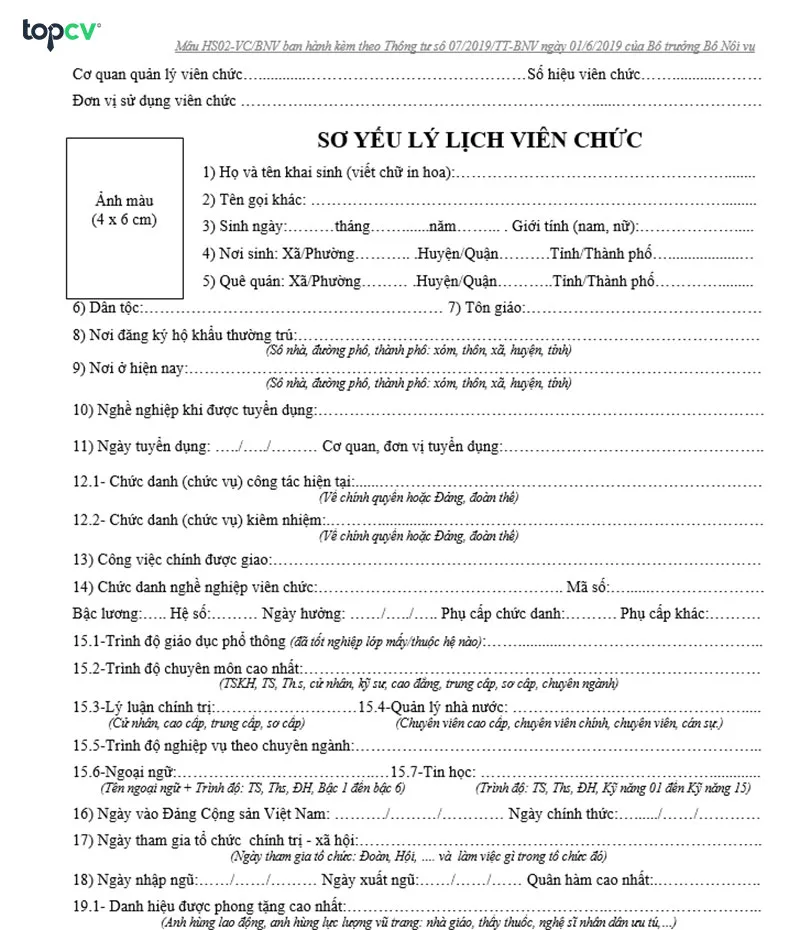 Máº«u sÆ¡ yáº¿u lÃ½ lá»‹ch dÃ nh cho viÃªn chá»©c theo quy Ä‘á»‹nh táº¡i ThÃ´ng tÆ° 07/2019/TT-BNV