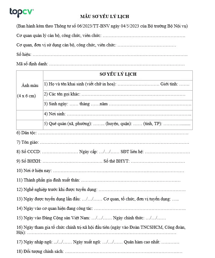 Máº«u sÆ¡ yáº¿u lÃ½ lá»‹ch má»›i cho cÃ n bá»™, cÃ´ng chá»©c, viÃªn chá»©c ban hÃ nh kÃ¨m ThÃ´ng tÆ° sá»© 06/2023/TT-BNV