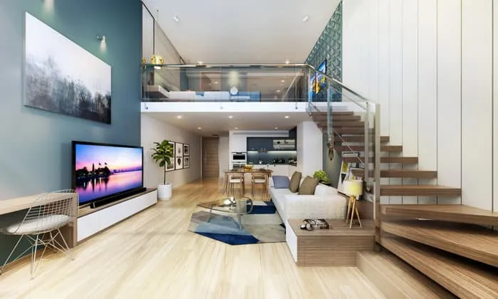 Thiết kế nhà 2 tầng có gác lửng hiện đại cho vợ chồng trẻ