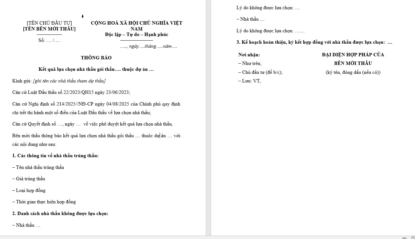 mẫu thông báo kết quả lựa chọn nhà thầu dự án