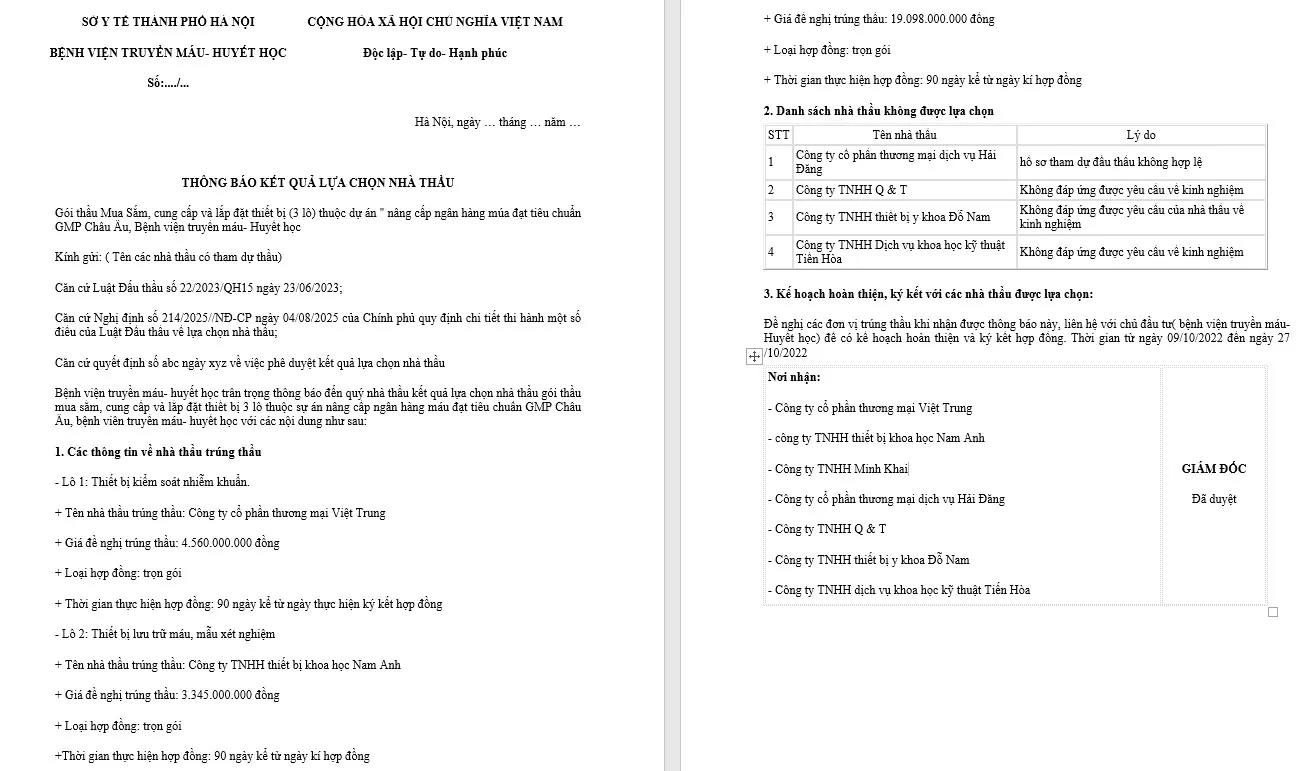 mẫu thông báo kết quả lựa chọn nhà thầu gói thầu y tế