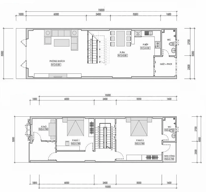 Mặt bằng nhà 2 tầng 5x15