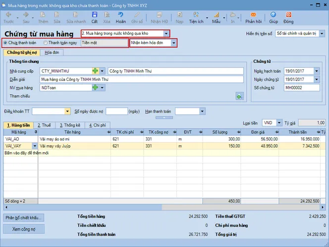 Mô tả giao diện lập chứng từ mua hàng trong nước không qua kho trên phần mềm kế toán