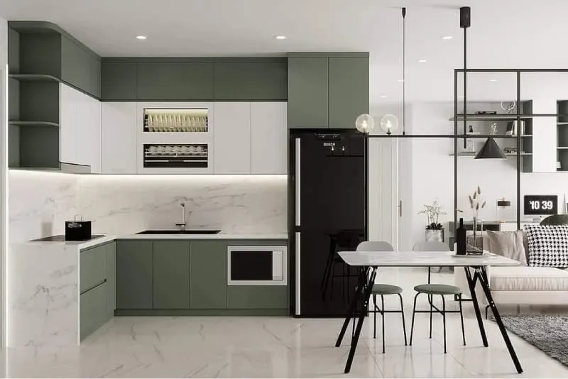 Nên làm tủ bếp bằng vật liệu gì - Tủ bếp phủ Laminate vân gỗ