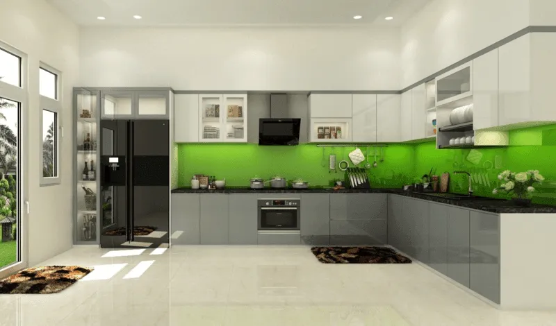 Nên làm tủ bếp bằng vật liệu gì - Tủ bếp phủ Acrylic bóng gương