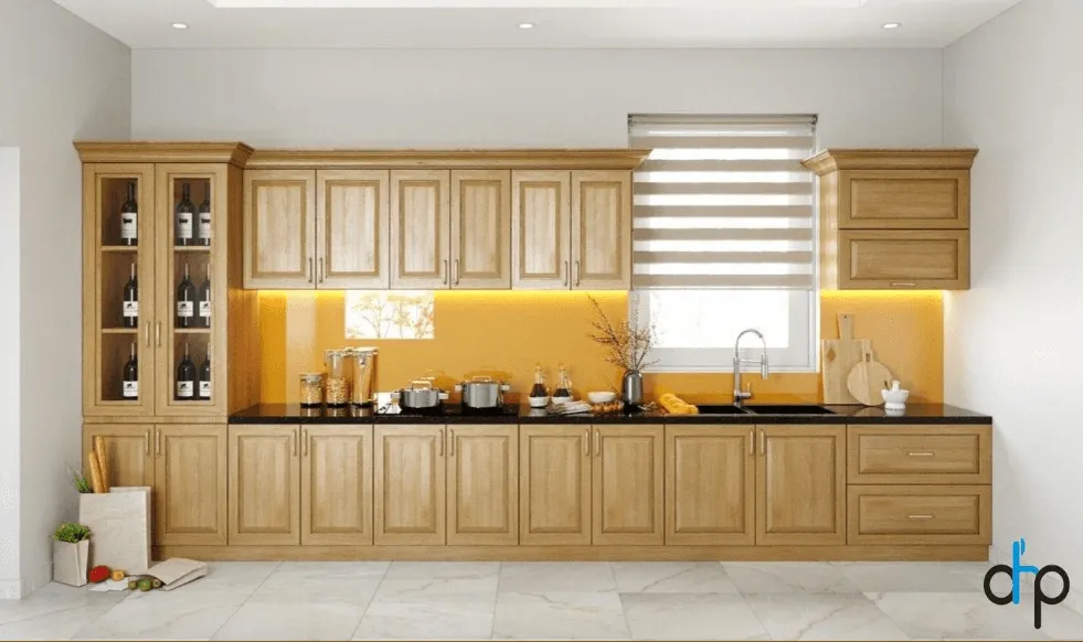 Nên làm tủ bếp bằng vật liệu gì - Mẫu tủ bếp gỗ tự nhiên ấm cúng