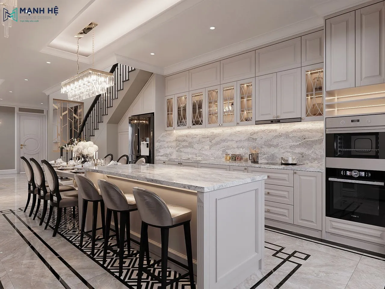 Bàn ăn được thiết kế liền bàn đảo bếp để tạo tổng thể liền mạch song song với tủ bếp chữ I, tạo nhiều không gian đi lại cho phòng bếp