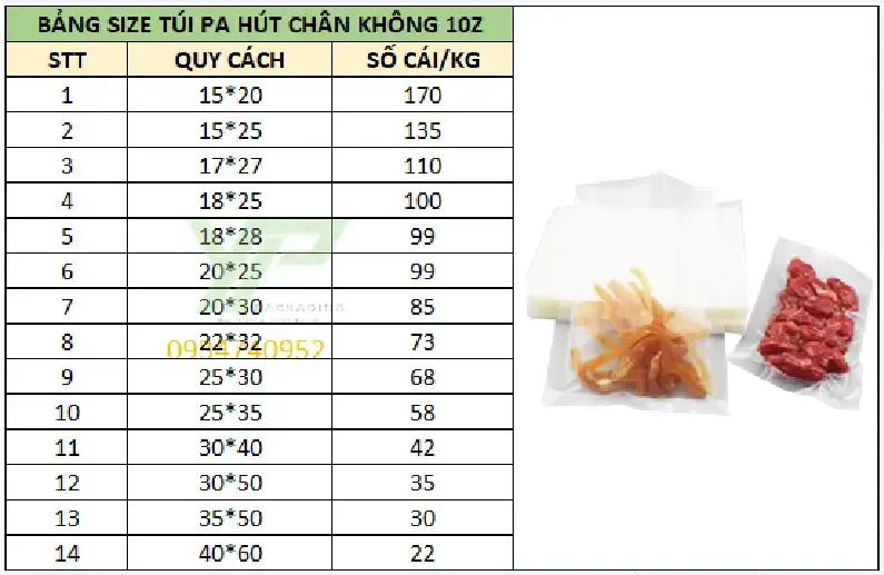 Bảng size túi PA hút chân không trơn 10zem có sẵn tại Yên Phát