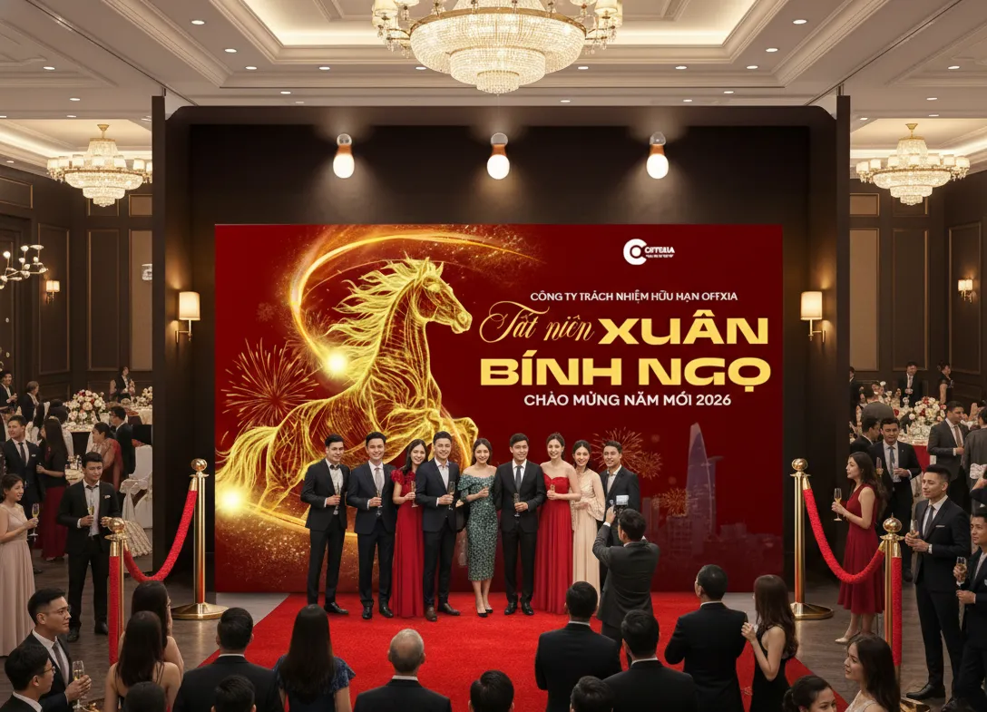 Thiết kế backdrop tất niên online giúp doanh nghiệp tự chủ sáng tạo phông nền Year End Party