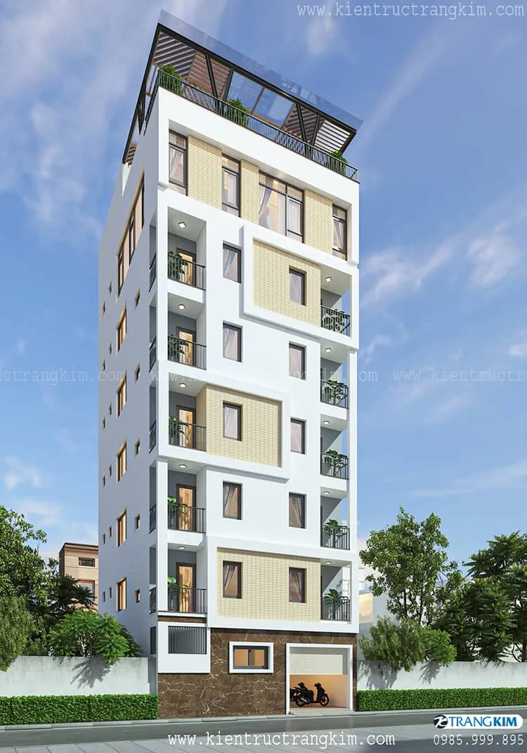 Tòa nhà nhiều tầng hiện đại với kiến trúc độc đáo, nổi bật giữa bầu trời xanh