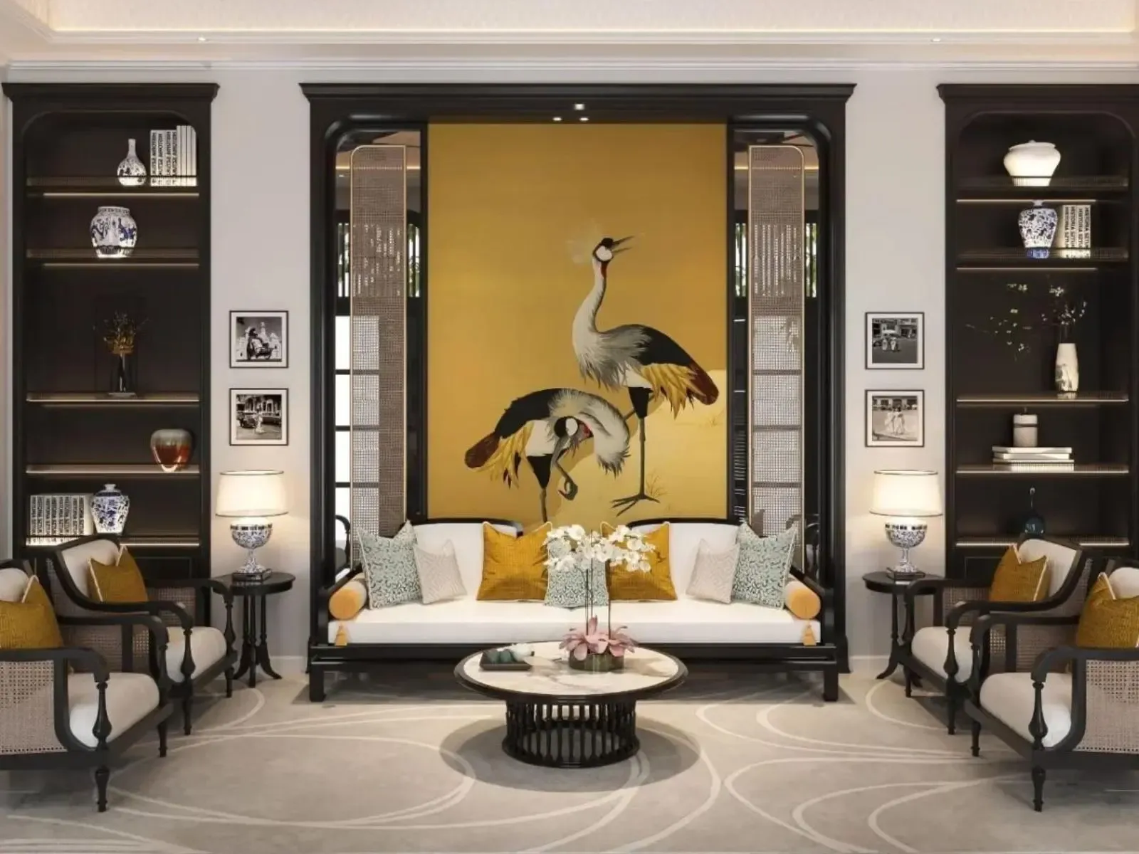 Tá»© linh Ä‘Æ°á»£c bÃ y trÃ­ trong khÃ´ng gian phÃ²ng khÃ¡ch phong cÃ¡ch Indochine