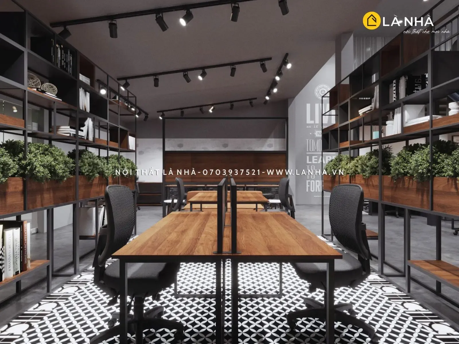 Khu vá»±c lÃ m viá»‡c cá»§a nhÃ¢n viÃªn vá»›i cÃ¢y xanh vÃ  ná»n gáº¡ch Ä‘áº·c trÆ°ng cá»§a phong cÃ¡ch Indochine