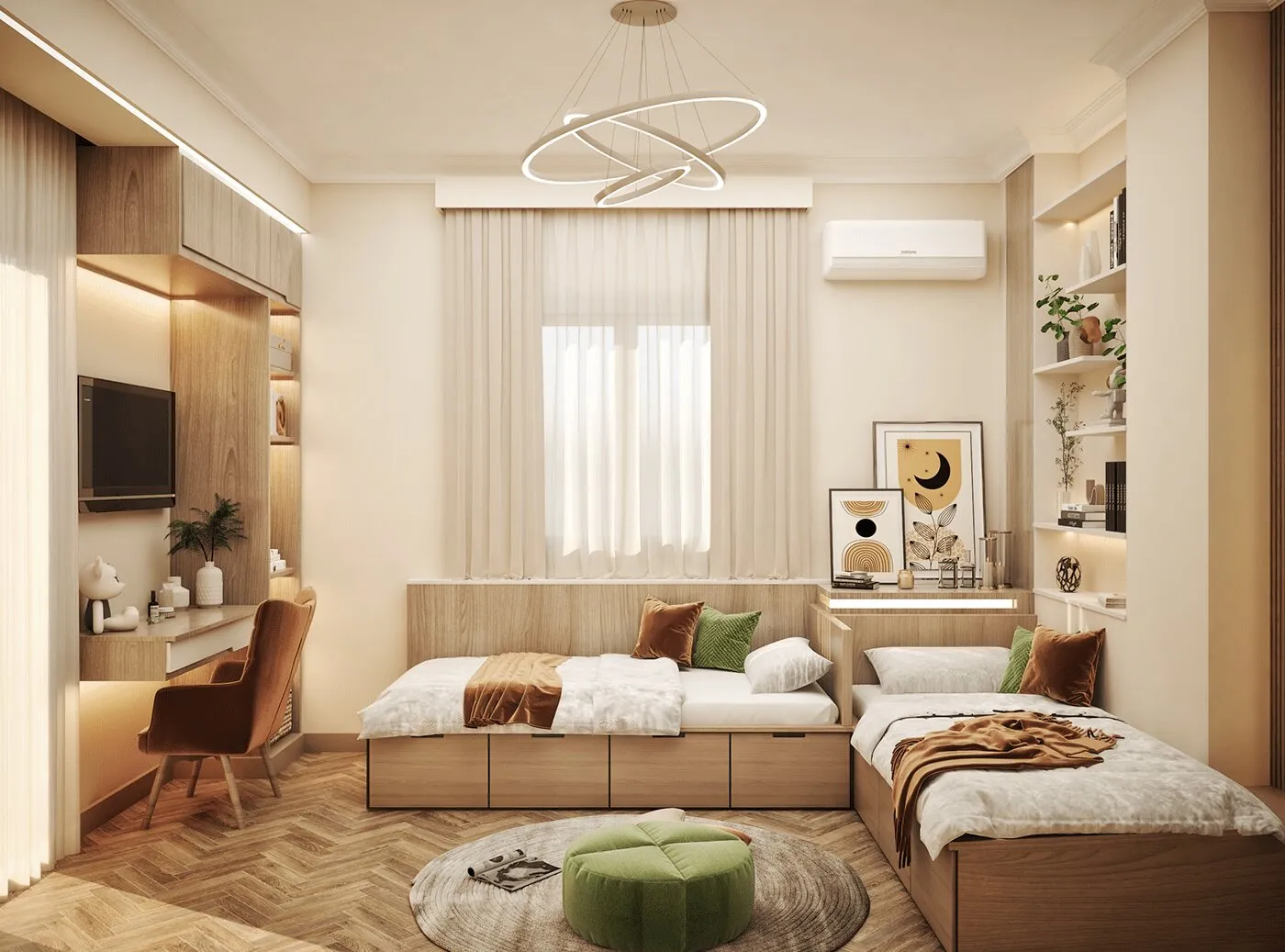 PhÃ²ng ngá»§ Ä'Ã´i cho 2 bÃ© trai gÃ¡i 2 giÆ°á»ng hÃ i hÃ²a trung láº­p